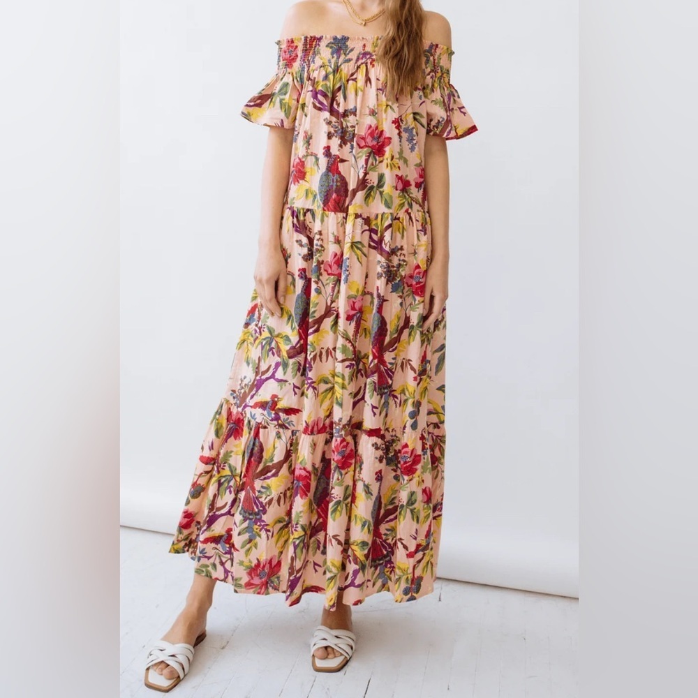 Guadalupe Tiered  Floral/Animal Peach Off The Shoulder Maxi Dress One Size